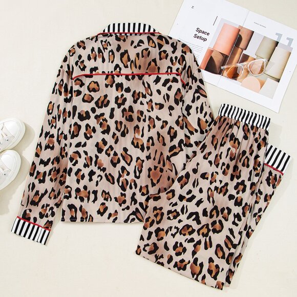 B313  Kahiki Leopard Print Color block Striped Edge Shirt and Pants Pajama Set - Picture 6 of 14